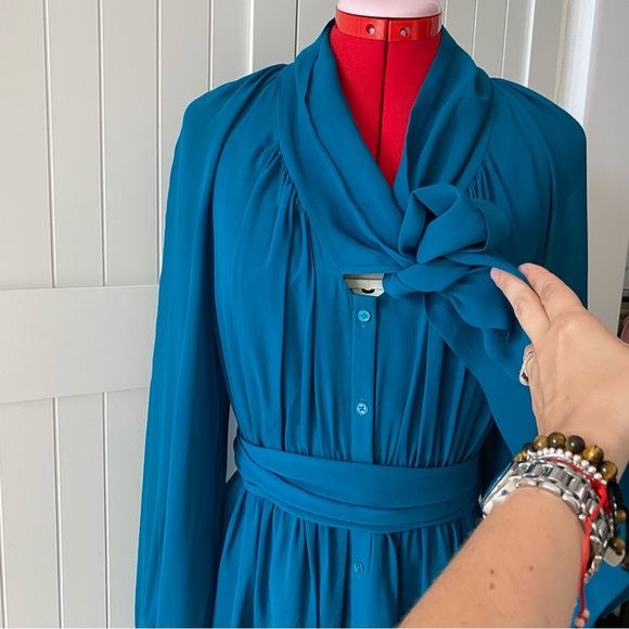 Rachel Zoe Mini Dress, Bow, 100% Silk, Flowy, Button-Down, Teal, Women’s (US M) - Picture 2 of 14
